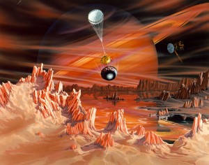 Umělecká představa povrchu Titanu a přistání sondy Huygens