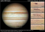Dopad planetky do atmosféry Jupiteru v létě 2009 na snímcích z Hubblova dalekohledu. Credit: NASA, ESA, M. H. Wong (University of California, Berkeley), H. B. Hammel (Space Science Institute, Boulder, Colo.), I. de Pater (University of California, Berkeley) a Jupiter Impact Team