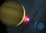 Planetární systém u dvojhvězdy NN Ser v představách malíře. Credit: Mark A. Garlick, University of Warwick