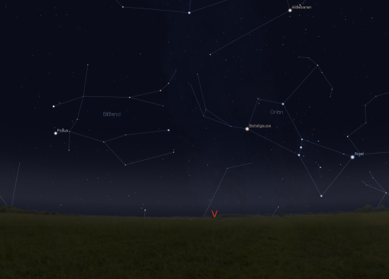Vyhledávací mapka zachycuje oblohu počátkem ledna kolem 18. hodiny (pohled směrem na východ). Jako orientační výchozí bod lze využít nepřehlédnutelné souhvězdí Orion. Zdroj: Stellarium