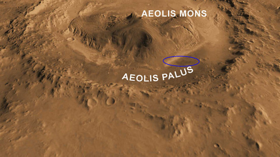 3D model kráteru Gale s horou Aeolis Mons, elipsa představuje místo přistání Curiosity. Přesné místo je nedaleko středu elipsy. Credit: NASA