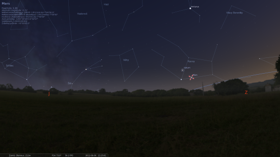 Pohled na jihozápadní obzor 6. srpna ve 21:30 našeho času. Zdroj: Stellarium