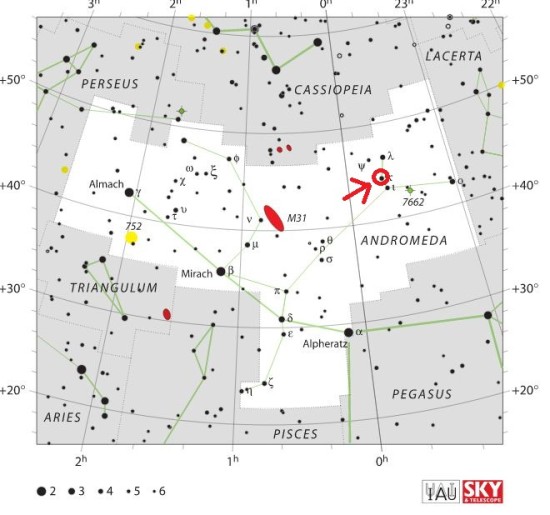 Pozice hvězdy Kappa And v souhvězdí Andromedy. Zdroj: Wikipedia