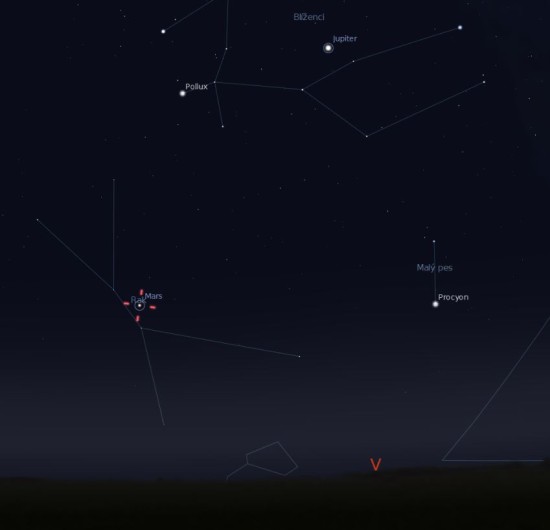 Hvězdokupa Jesličky 9. září ráno nad východním obzorem. Zdroj: Stellarium