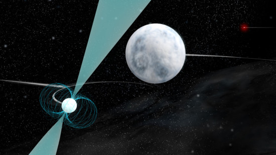 Trojitý systém obsahuje pulsar a dva bílé trpaslíky. Byly v něm kdysi i planety? Credit: Bill Saxton; NRAO/AUI/NSF