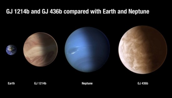 Exoplanety GJ 436 b a GJ 1214 b a jejich srovnání s planetami Sluneční soustavy. Credit: Nature