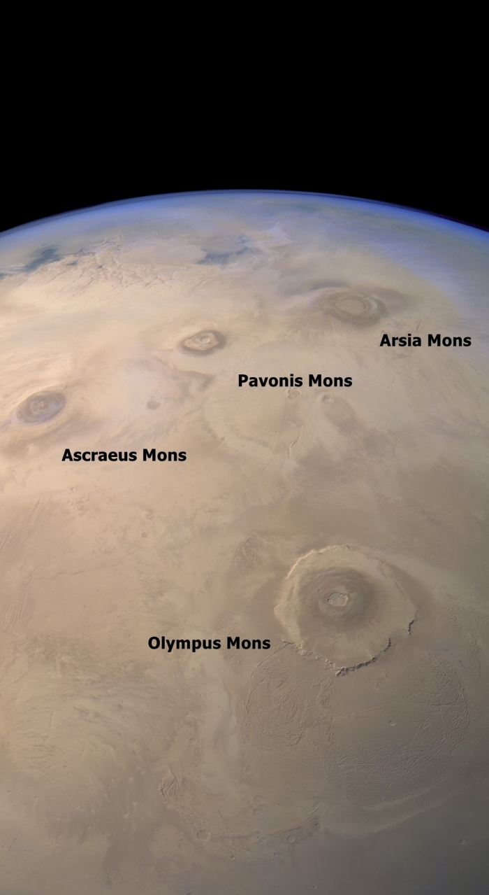 Sopky na Marsu okem přístroje HRSC na sondě Mars Express. Po kliknutí se otevře obrázek bez popisků. Credit: ESA / DLR / FU Berlin / Justin Cowart