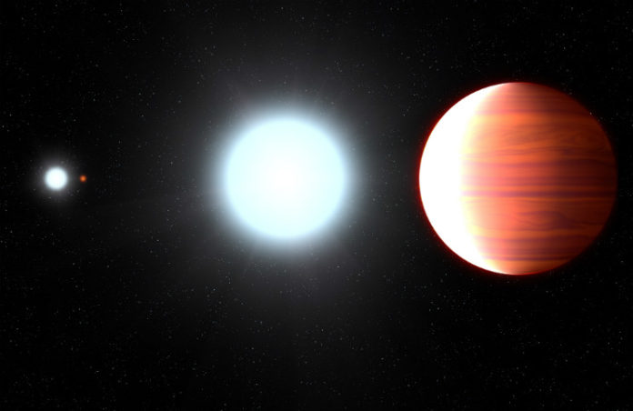 Kepler-13 stvoří tři hvězdy a obří planeta obíhající okolo největší z hvězd. Credit: NASA, ESA, and G. Bacon (STScI)