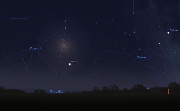 Měsíc a Mars nad jižním obzorem 27. července asi ve 23:30. Foto: Stellarium