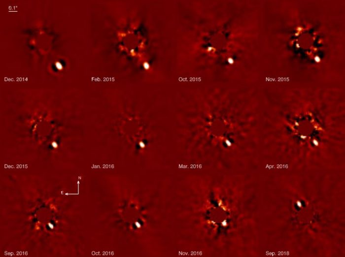 Exoplaneta Beta Pictoris b na snímcích z přístroje SPHERE. Credit: ESO, A. Lagrange et al., 2018